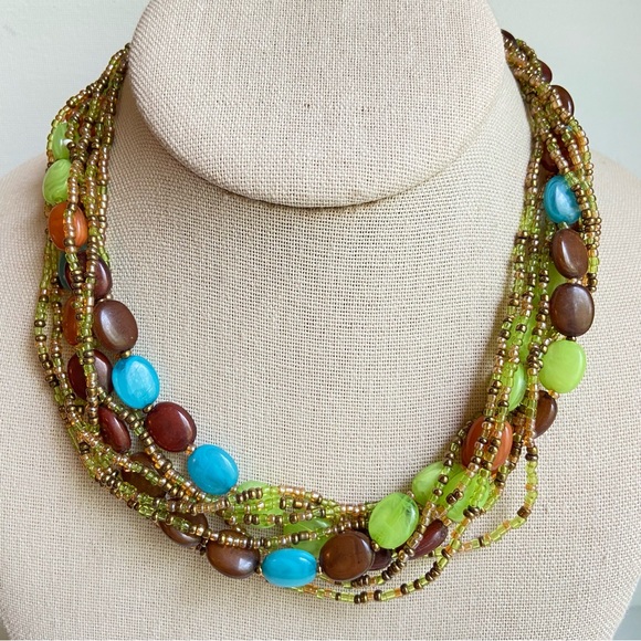 Multistrand twisted torsade necklace glass seed beads acrylic ovals earth tones - Picture 1 of 8